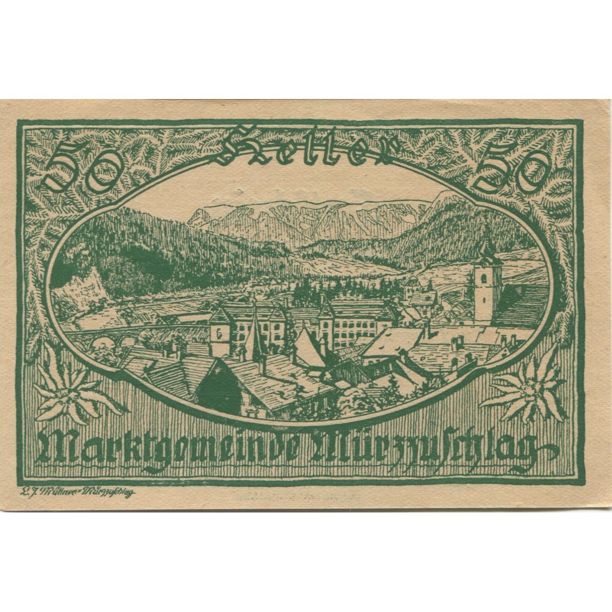 Banconote, Austria, Mürzzuschlag, 50 Heller, paysage, 1920 SPL Mehl:FS 639c