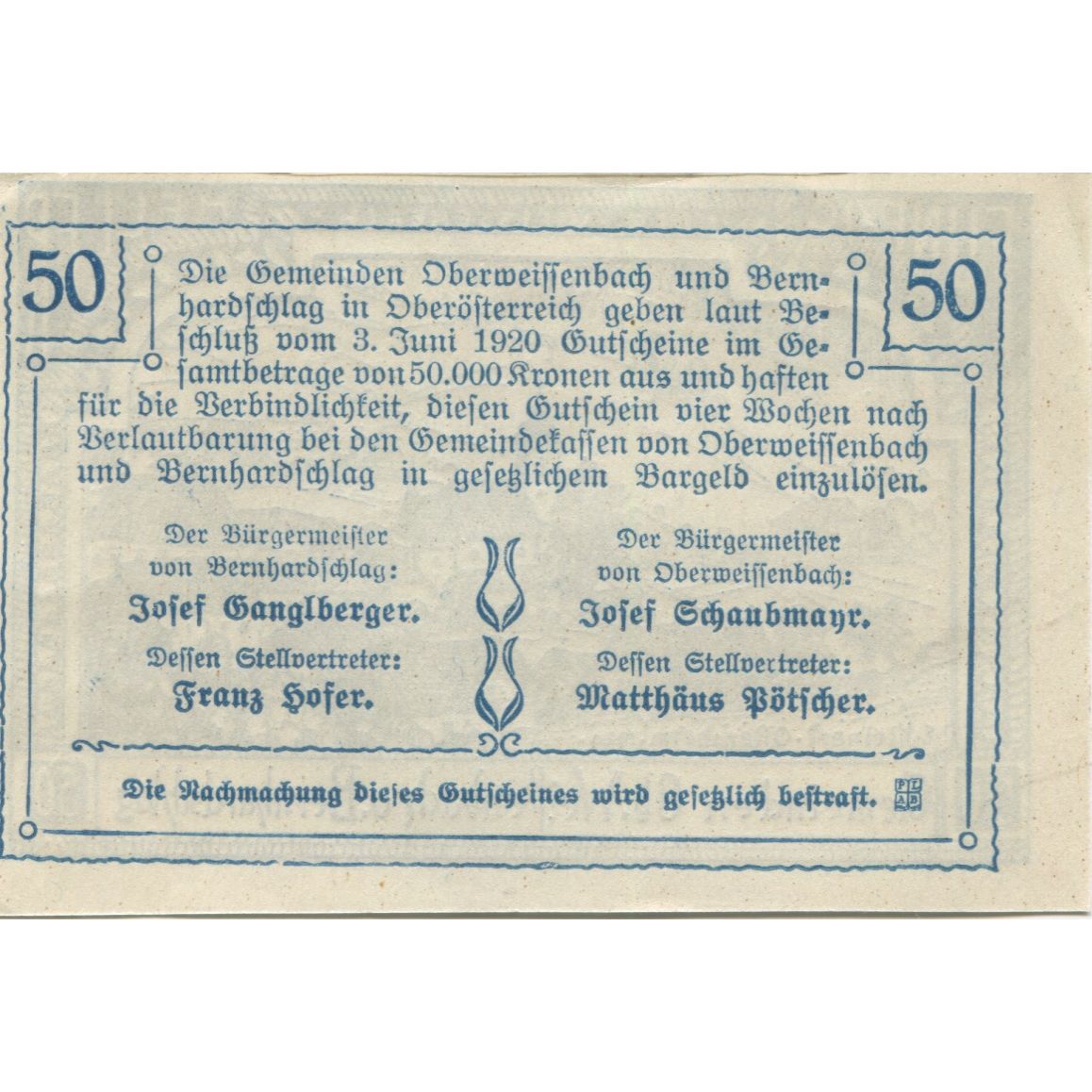 Banconote, Austria, Weissenbach, 50 Heller, village, 1920, SPL, Mehl:FS 697