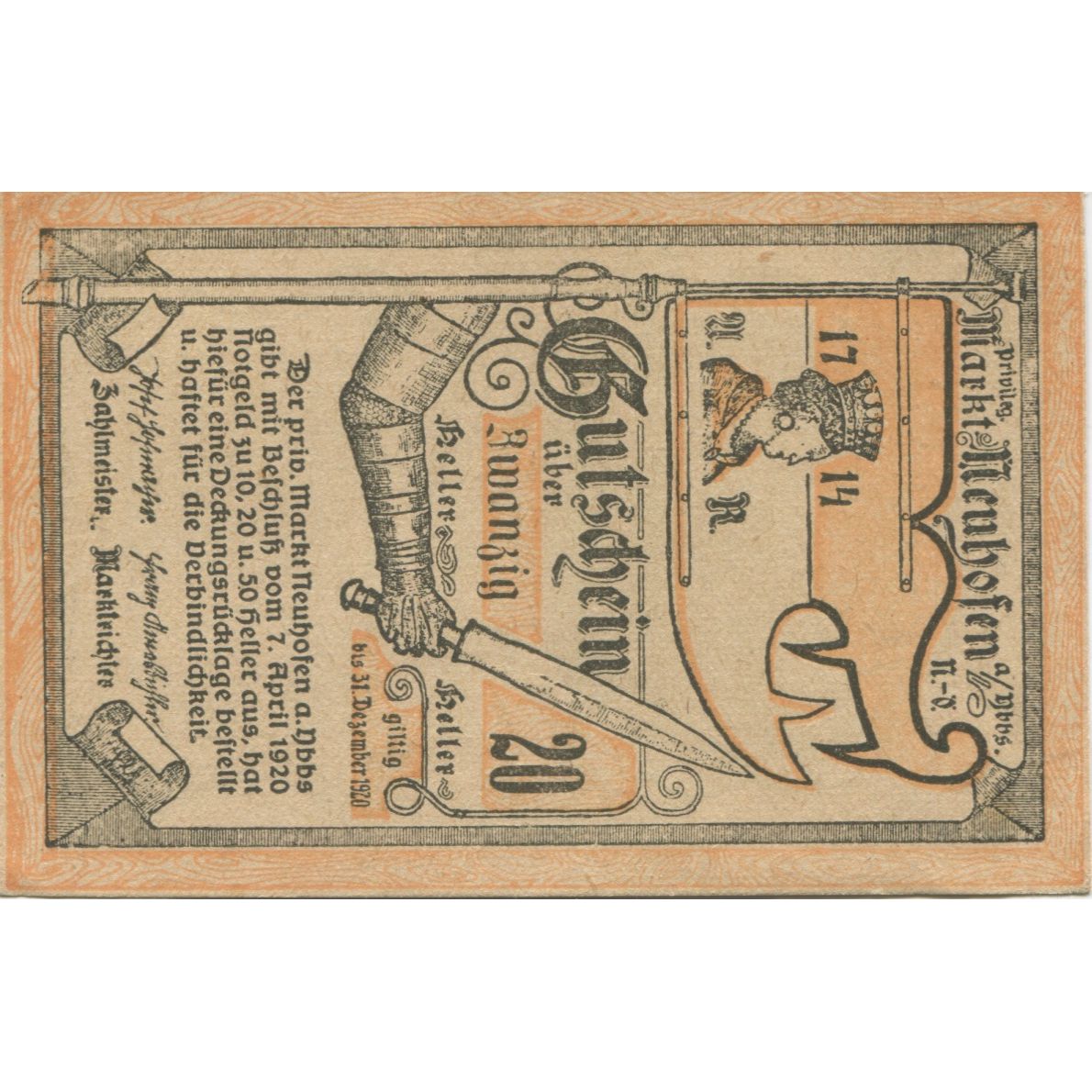 Banconote, Austria, Neuhofen, 20 Heller, épée 1920-12-31, SPL Mehl:FS 651c