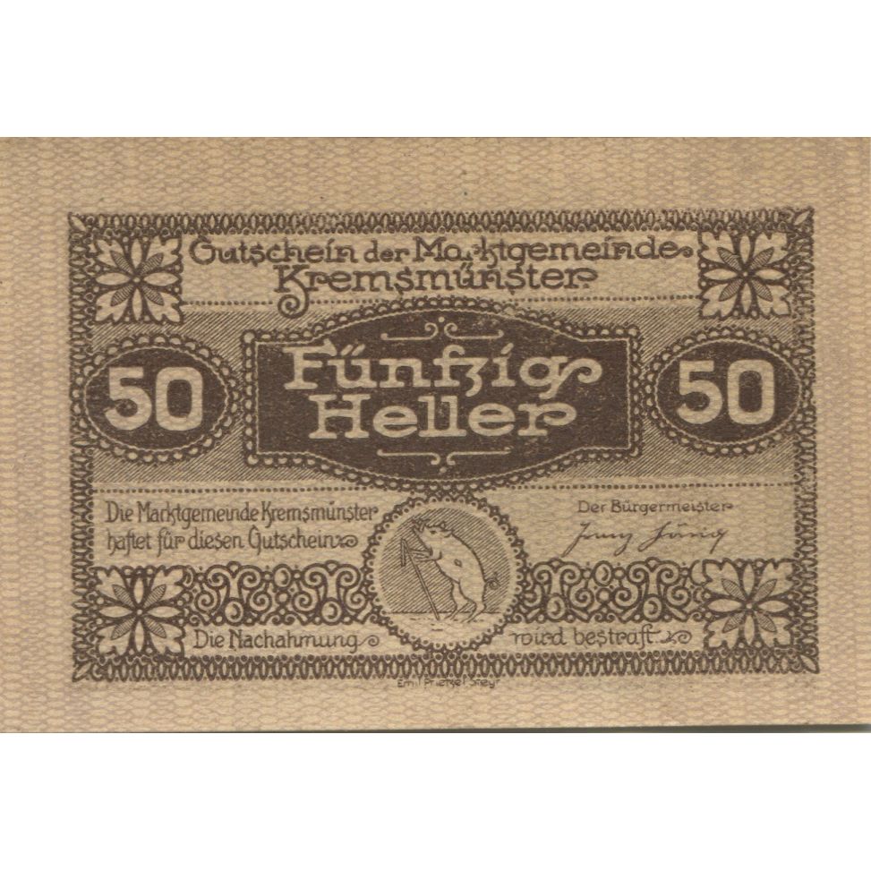 Billet, Autriche, Kremsmunster, 50 Heller, rue, 1920-12-31, SPL Mehl:FS 476