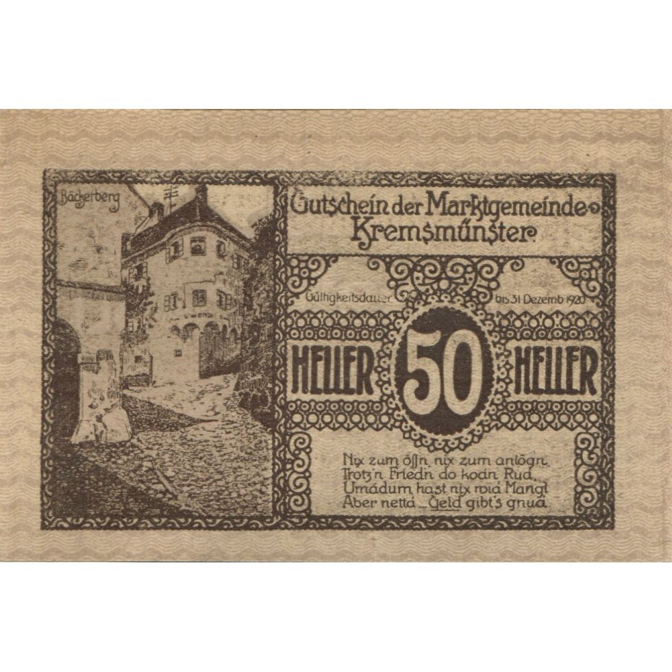 Billet, Autriche, Kremsmunster, 50 Heller, rue, 1920-12-31, SPL Mehl:FS 476