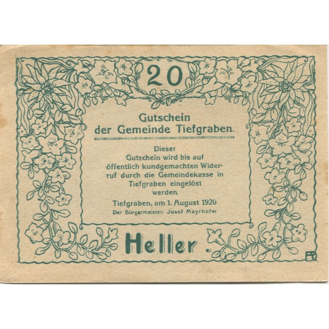 Geldschein, Österreich, Tiefgraben, 20 Heller, chalet, 1920, VZ, Mehl:FS 1071