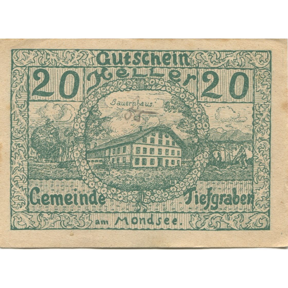 Geldschein, Österreich, Tiefgraben, 20 Heller, chalet, 1920, VZ, Mehl:FS 1071