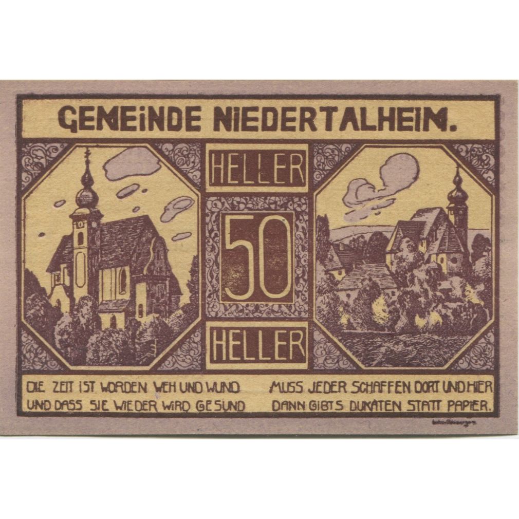 Banknot, Austria, Niedertalheim, 50 Heller, Eglise 1920 UNC(63) Mehl:FS 672