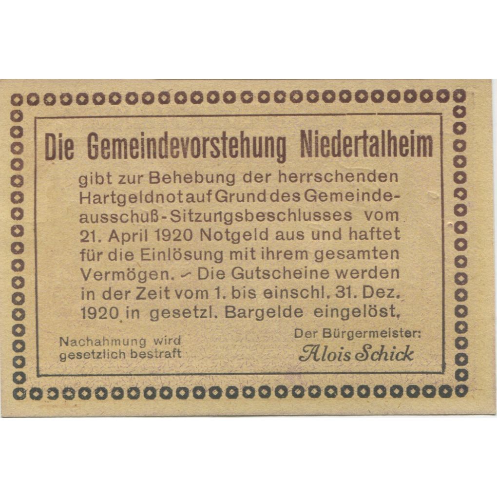 Banknot, Austria, Niedertalheim, 50 Heller, Eglise 1920 UNC(63) Mehl:FS 672