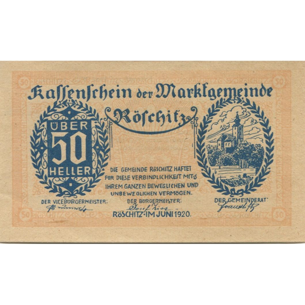 Biljet, Oostenrijk, Roschitz, 50 Heller, Eglise 1920-09-15, SPL Mehl:FS 844