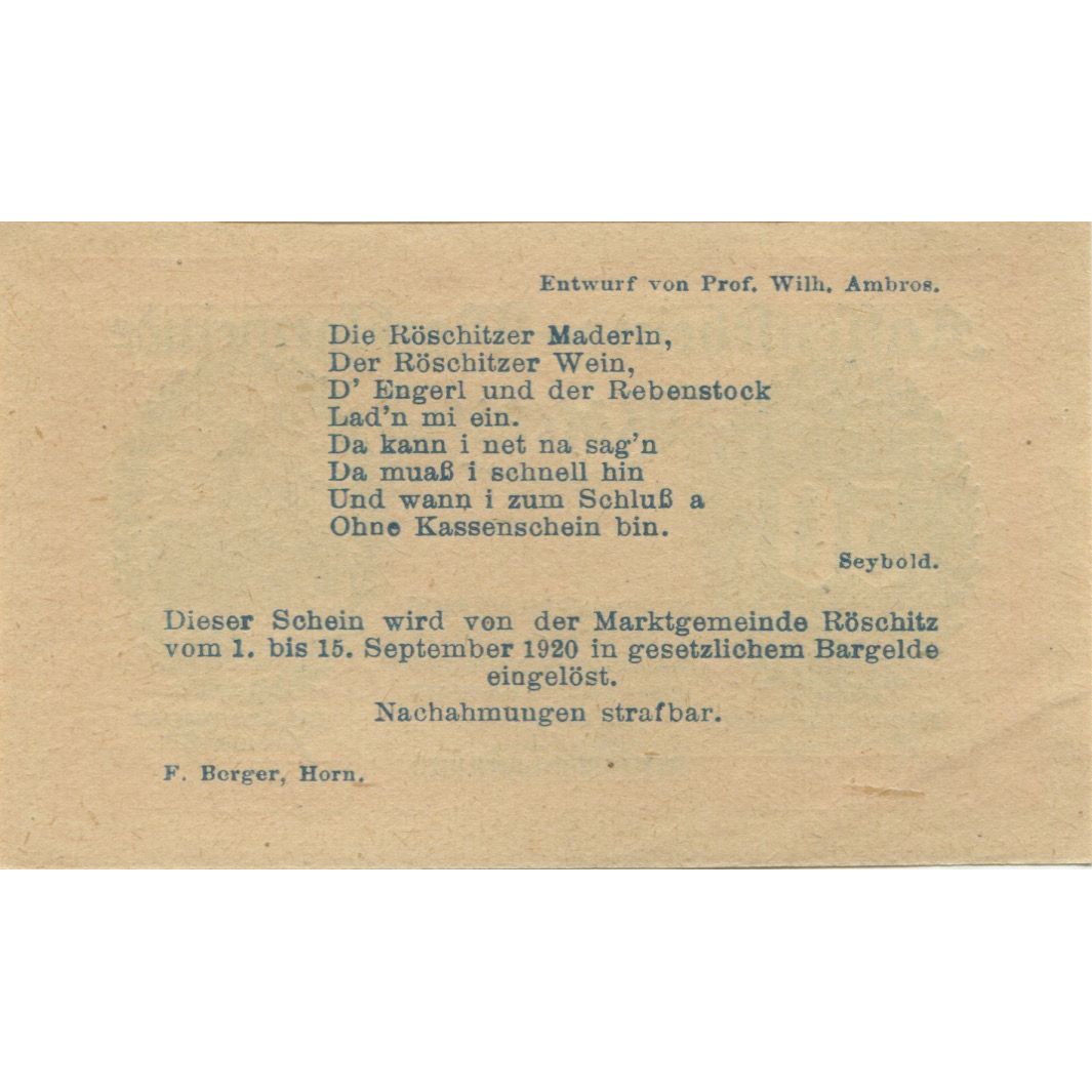 Biljet, Oostenrijk, Roschitz, 50 Heller, Eglise 1920-09-15, SPL Mehl:FS 844