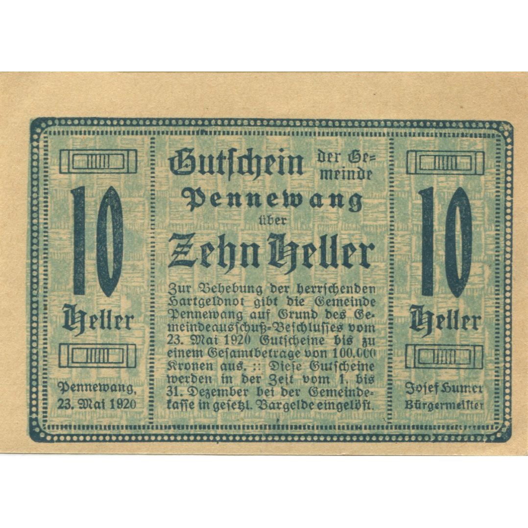 Billete, Austria, Pennewang, 10 Heller, Fleur 1920-12-31, SC Mehl:FS 727a