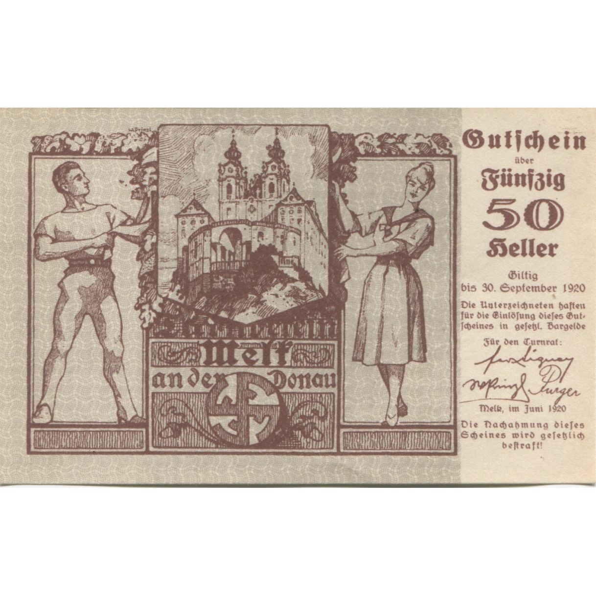 Nota, Áustria, Melt, 50 Heller, château 1920-09-30, UNC(63), Mehl:FS 1085