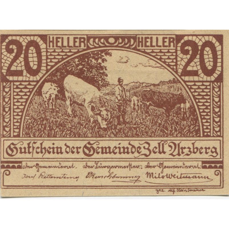 Nota, Áustria, Zell Arzberg, 20 Heller, Animaux, 1920 UNC(63) Mehl:FS 1273a