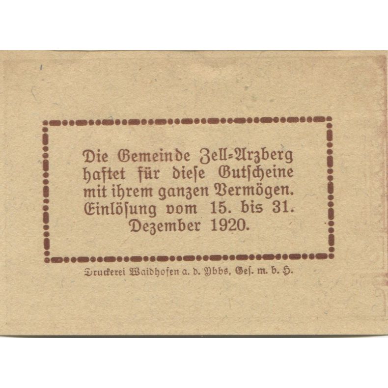 Nota, Áustria, Zell Arzberg, 20 Heller, Animaux, 1920 UNC(63) Mehl:FS 1273a