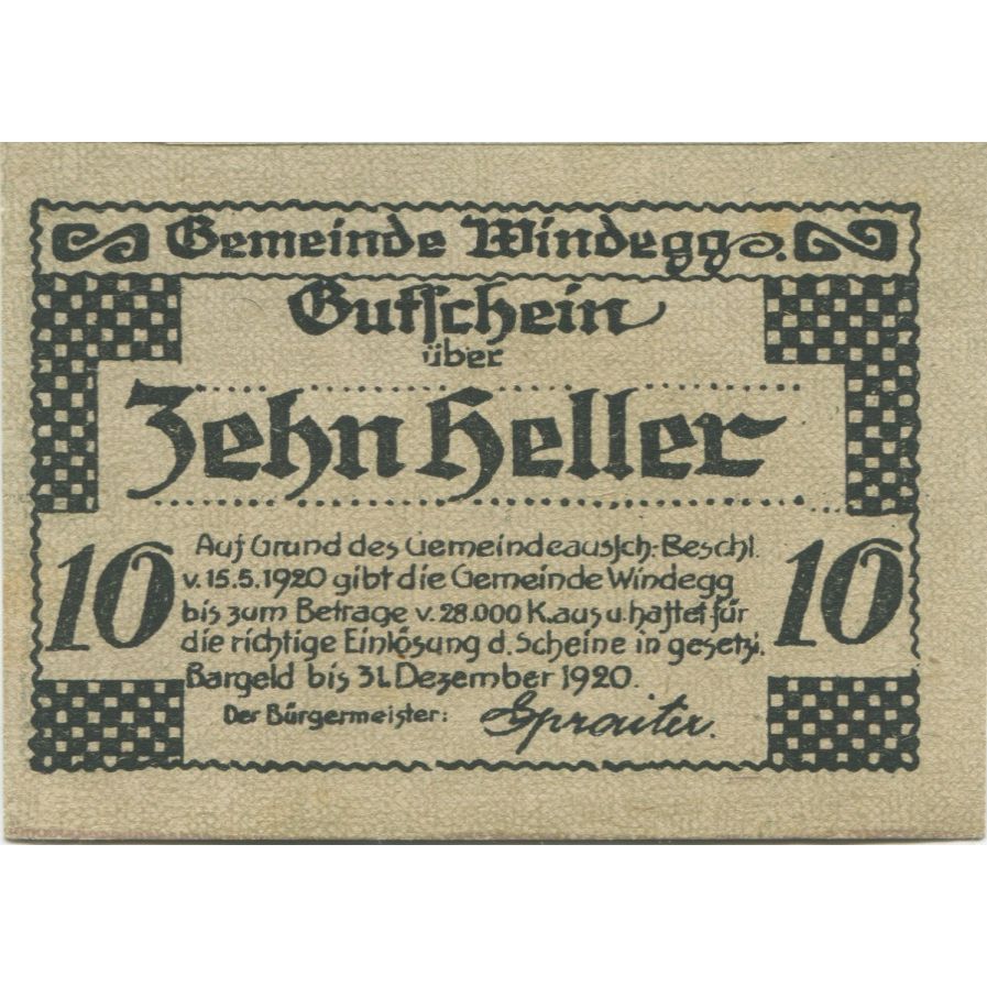Billet, Autriche, Windegg, 10 Heller, château 1920-12-31, SPL Mehl:FS 1241Ia