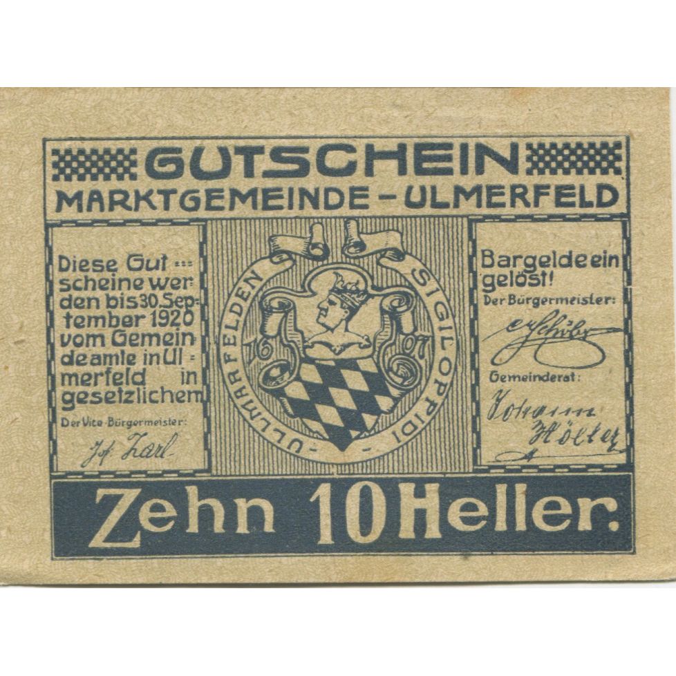 Banknot, Austria, Ulmerfeld, 10 Heller Blason 1920-09-30, UNC(63) Mehl:FS 1089Ia