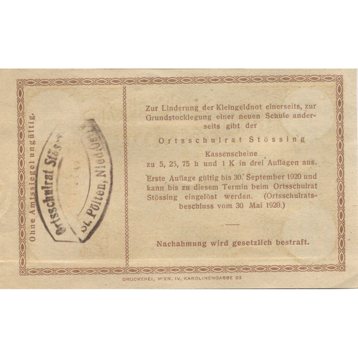 Nota, Áustria, Stossing, 1 Krone, village 1920-09-30, AU(55-58), Mehl:FS 1040