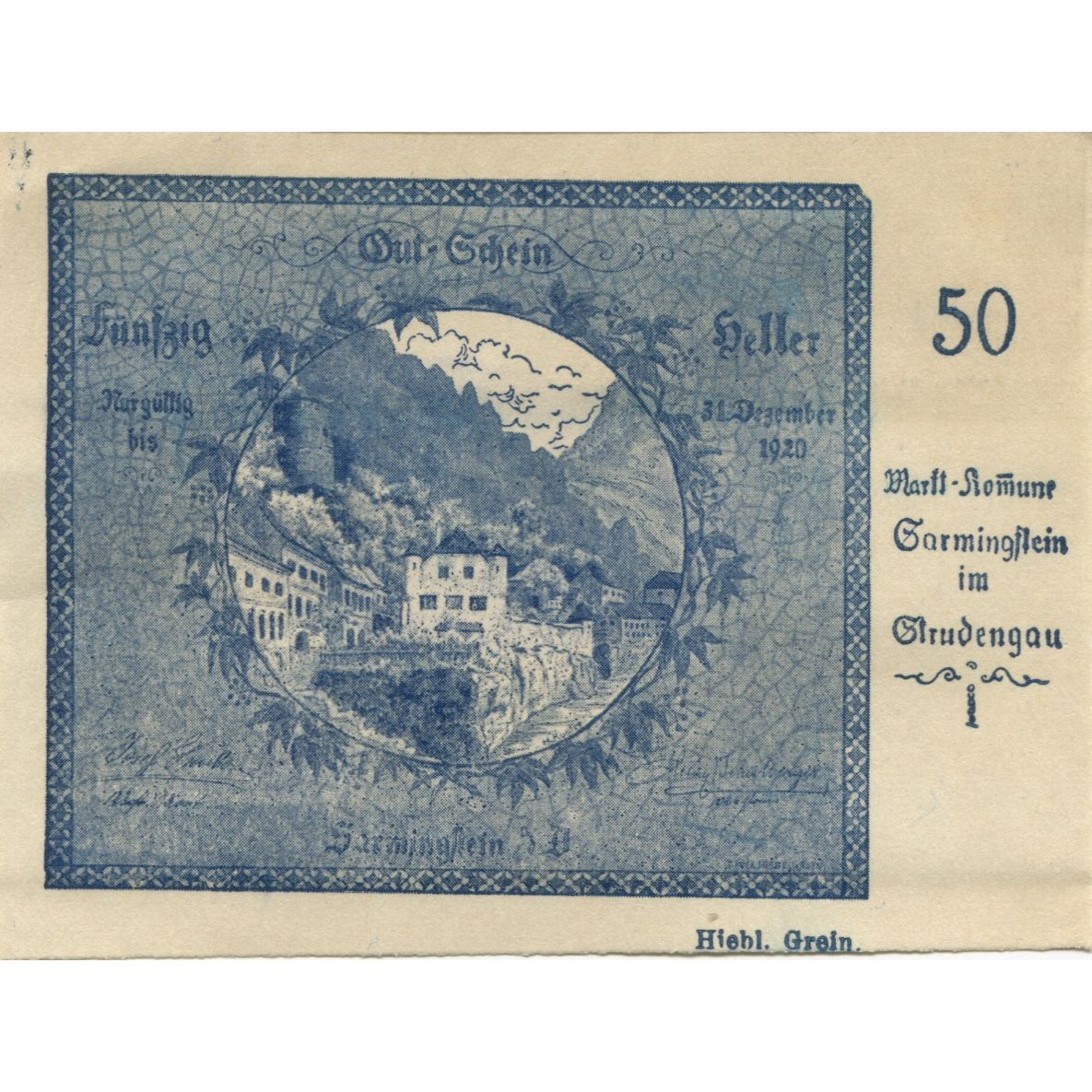 Banknot, Austria, Strudengau, 50 Heller, montagne, 1920 UNC(63) Mehl:FS 914Ib