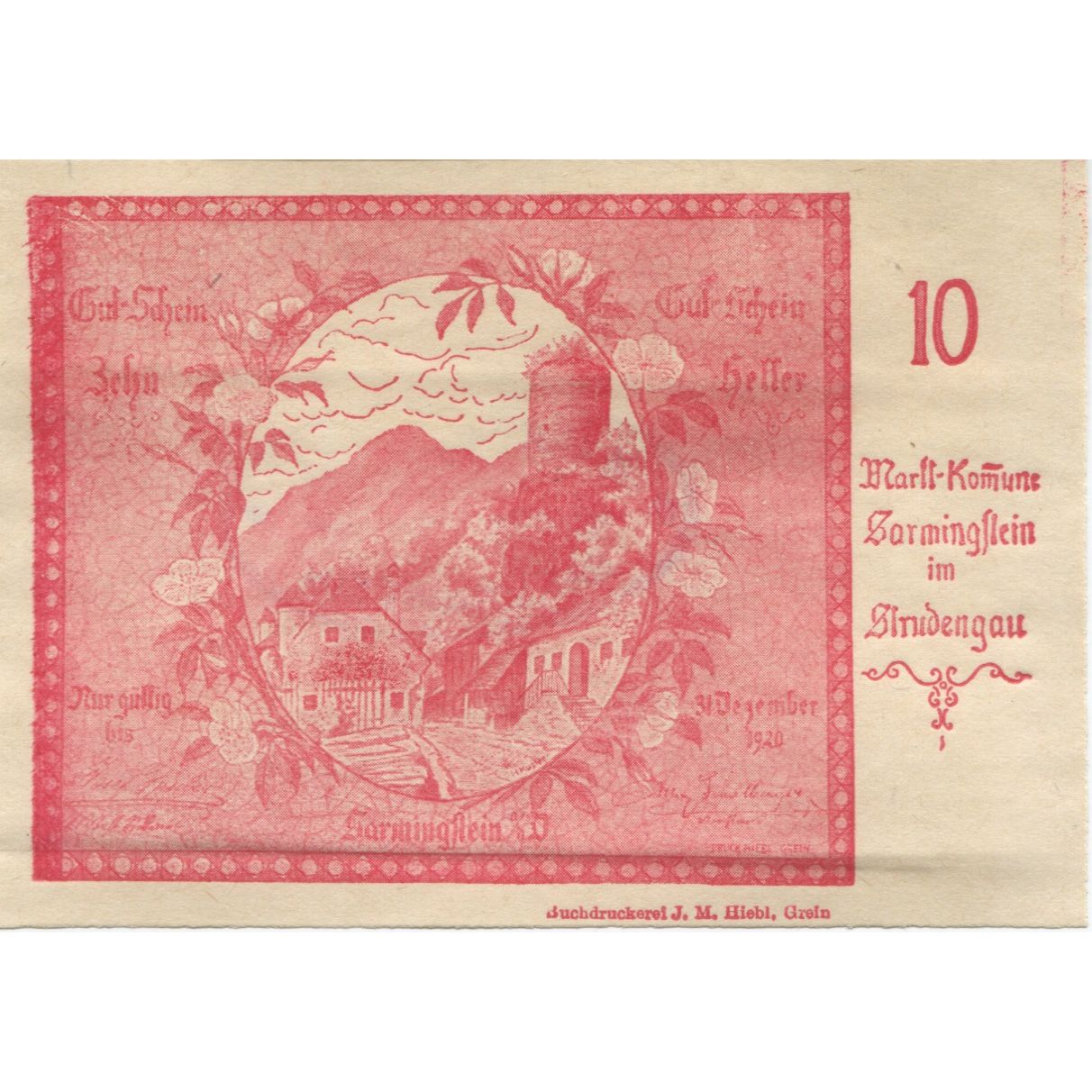 Banknot, Austria, Strudengau, 10 Heller, paysage 1920 UNC(63) Mehl:FS 914Ic