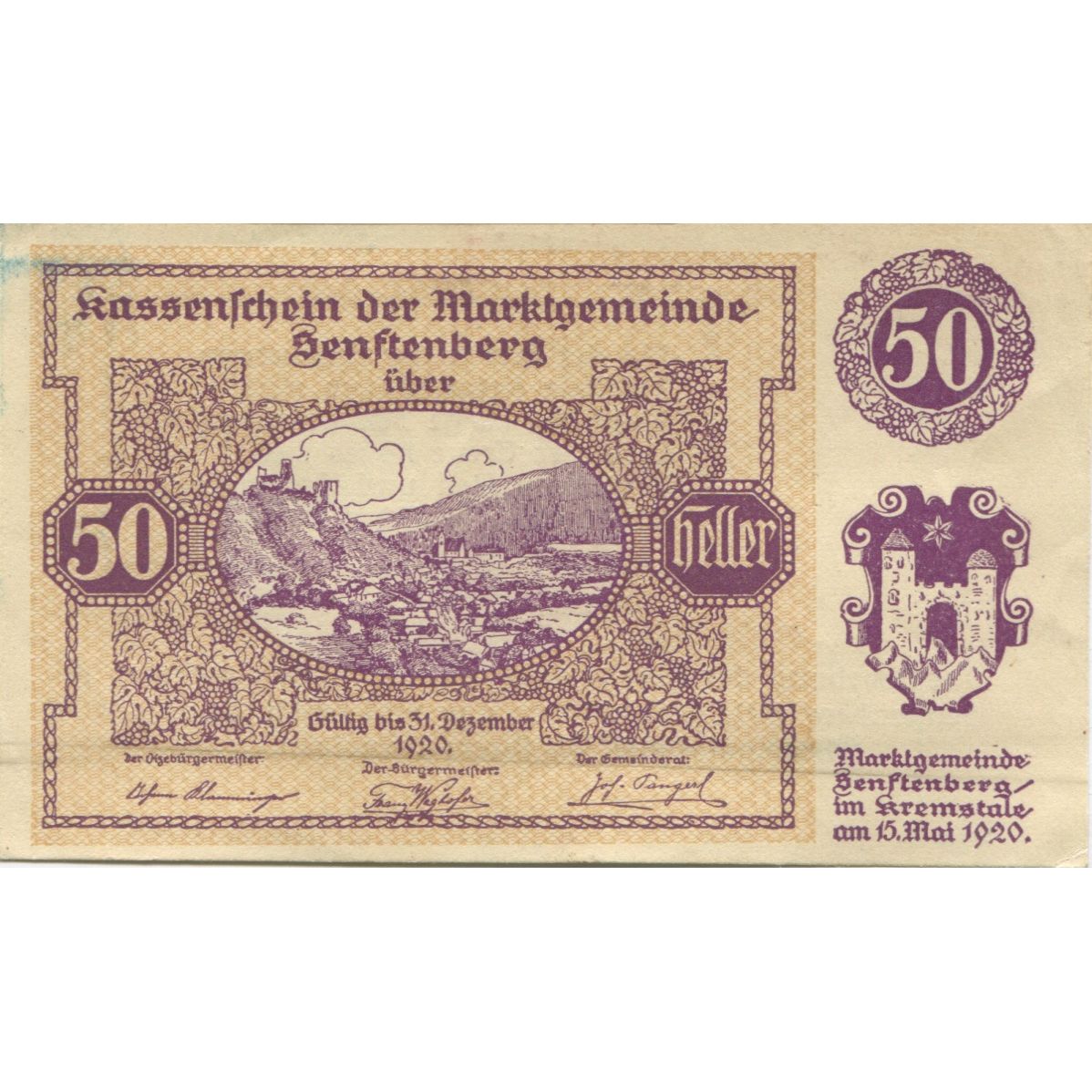 Banknot, Austria, Senftenberg, 50 Heller, paysage, 1920 UNC(60-62) Mehl:FS 993d