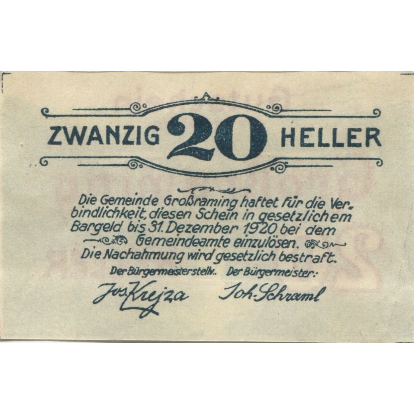 Billet, Autriche, Grossraming, 20 Heller, pont 1920-12-31, SPL, Mehl:FS 296I