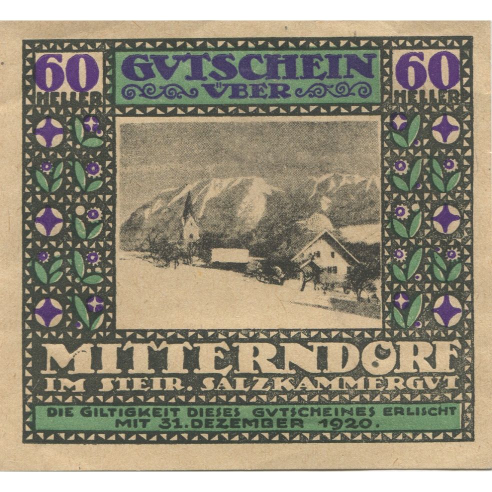 Banknot, Austria, Mitterndorf, 60 Heller, neige, 1920 UNC(63) Mehl:FS 621