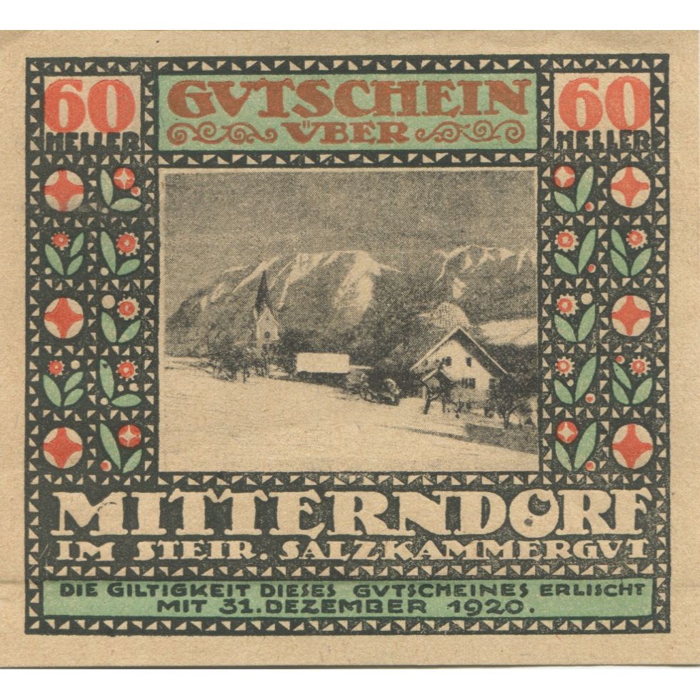 Banknot, Austria, Mitterndorf, 60 Heller, montagne, 1920 UNC(63) Mehl:FS 621