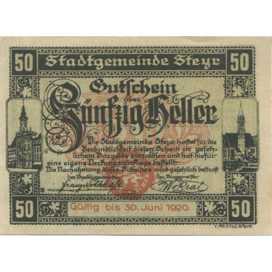 Banknot, Austria, Steyr, 50 Heller, Blason 1920-06-30, UNC(63) Mehl:FS 1034Ia