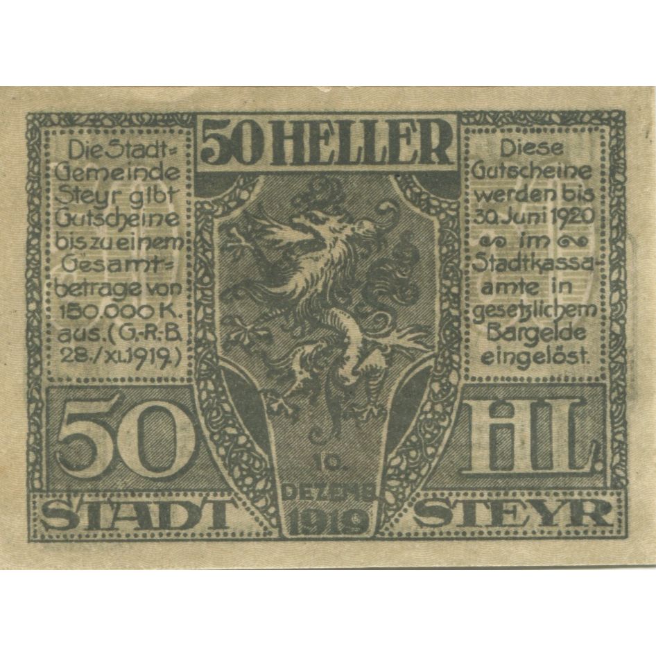 Banknot, Austria, Steyr, 50 Heller, Blason 1920-06-30, UNC(63) Mehl:FS 1034Ia