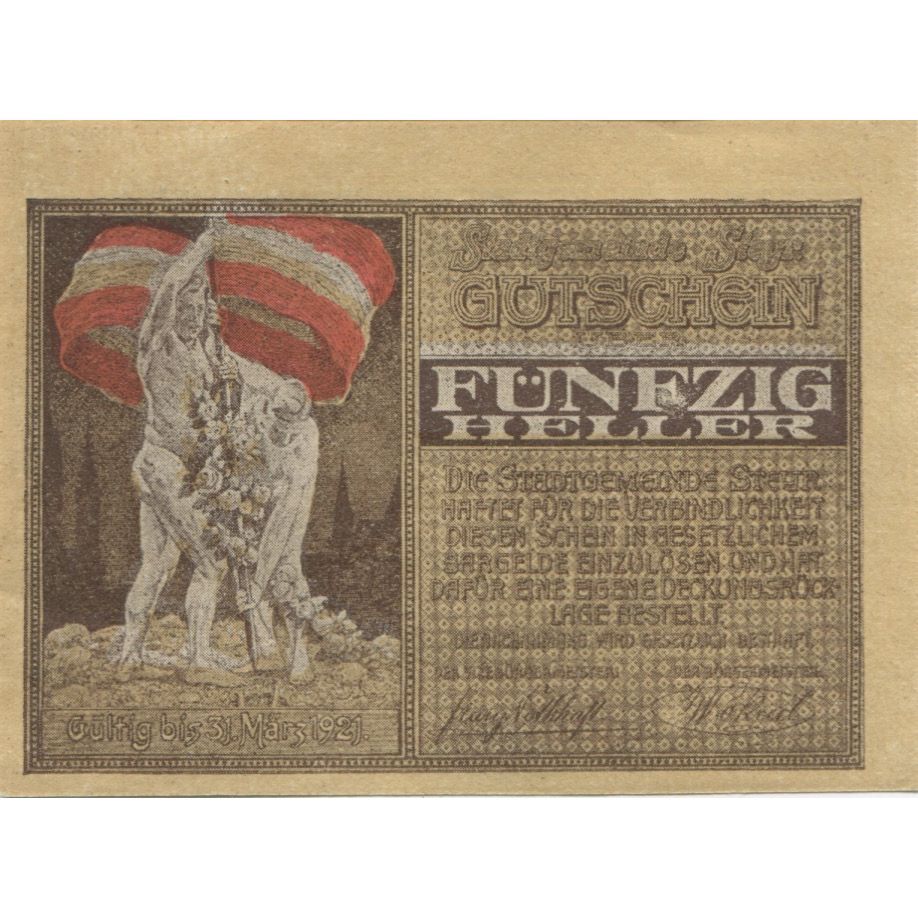 Banknot, Austria, Steyr, 50 Heller, Blason, 1921-03-31, UNC(63) Mehl:FS 1034Ia