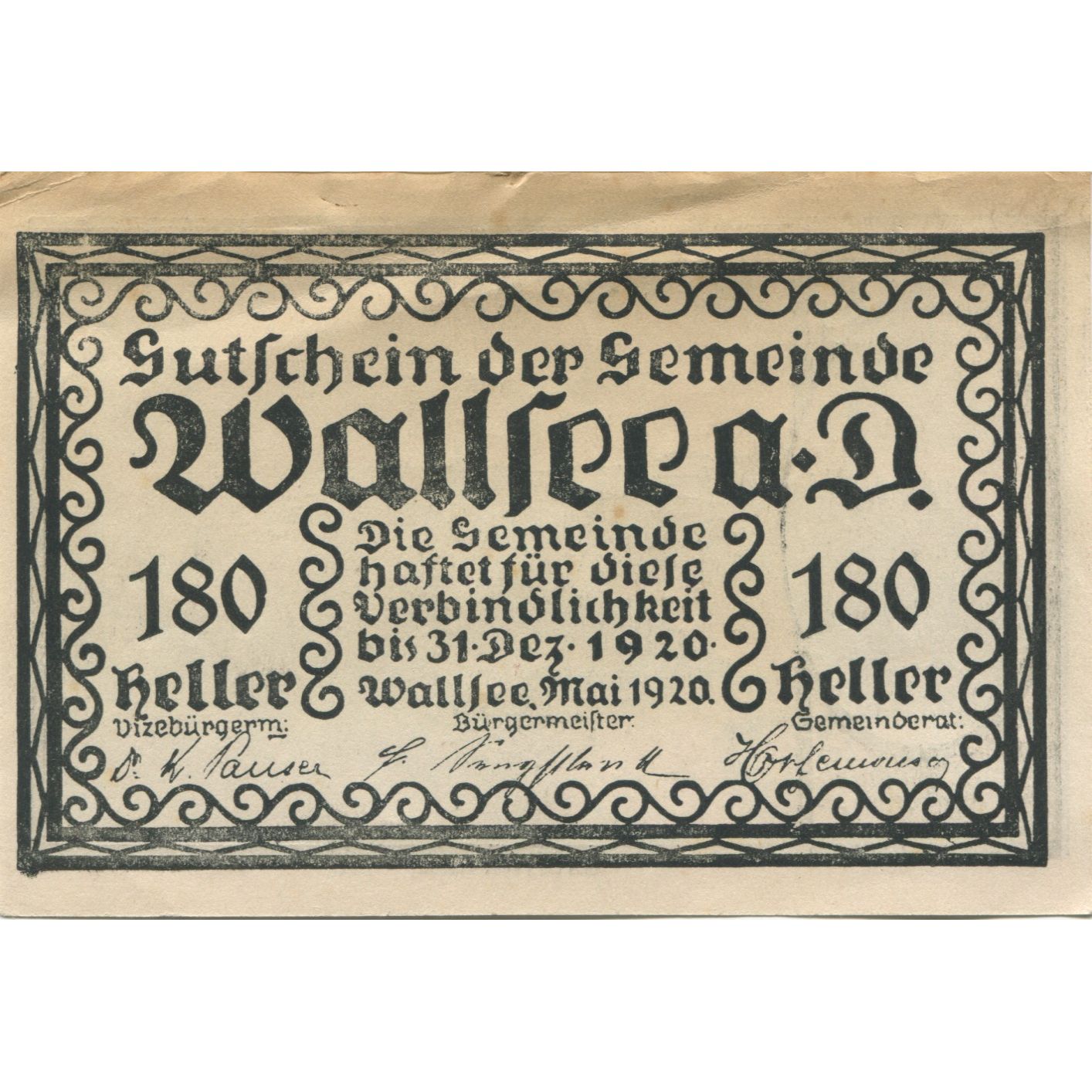 Banknot, Austria, Wallsee, 180 Heller, château 1920 AU(55-58) Mehl:FS 1137II