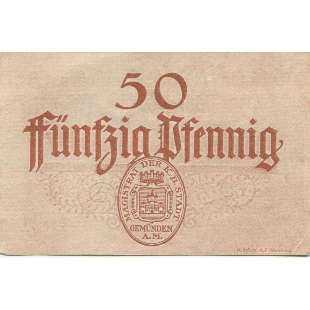 Banknote, Germany, Gemunden, 50 Pfennig, paysage, 1921, AU(55-58), Mehl:G 68.2a