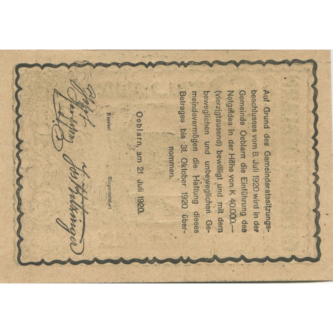 Banknot, Austria, Oeblarn, 20 Heller, rue 1920-10-31, UNC(63) Mehl:FS 700IIa