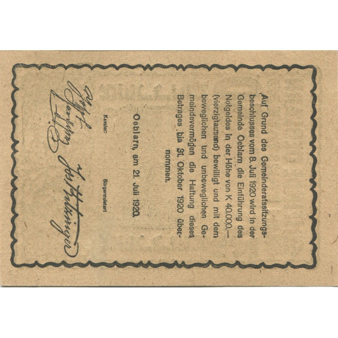 Banknot, Austria, Oeblarn, 30 Heller, village 1920-10-31, UNC(63) Mehl:FS 700IIa