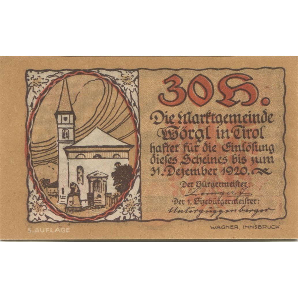 Banknot, Austria, Worgl, 30 Heller, Eglise 1, 1920-12-30, UNC(63) Mehl:FS 1252a