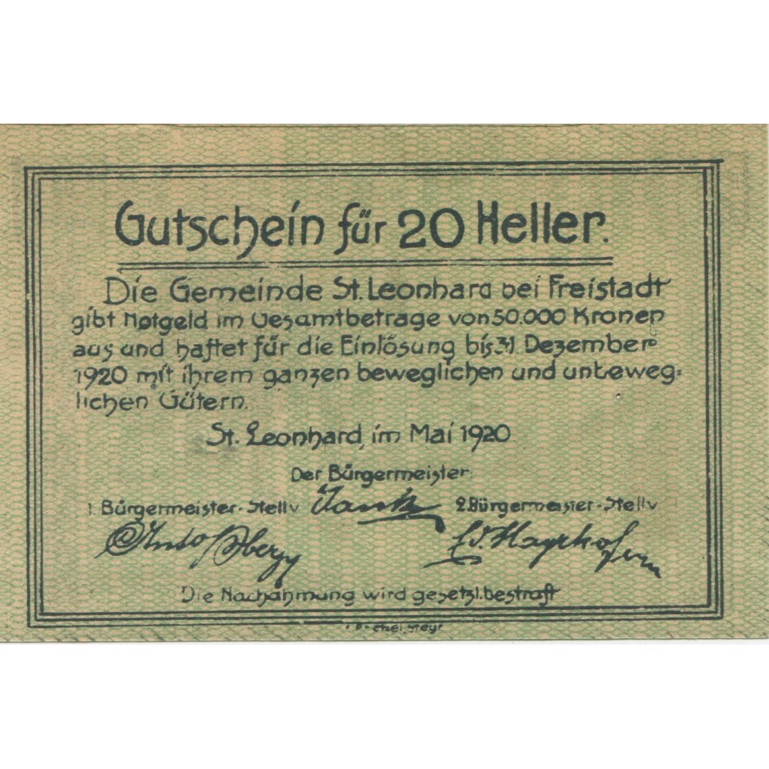 Banknot, Austria, St Leonhard, 20 Heller, rue, 1920-12-31, UNC(63) Mehl:FS 903a
