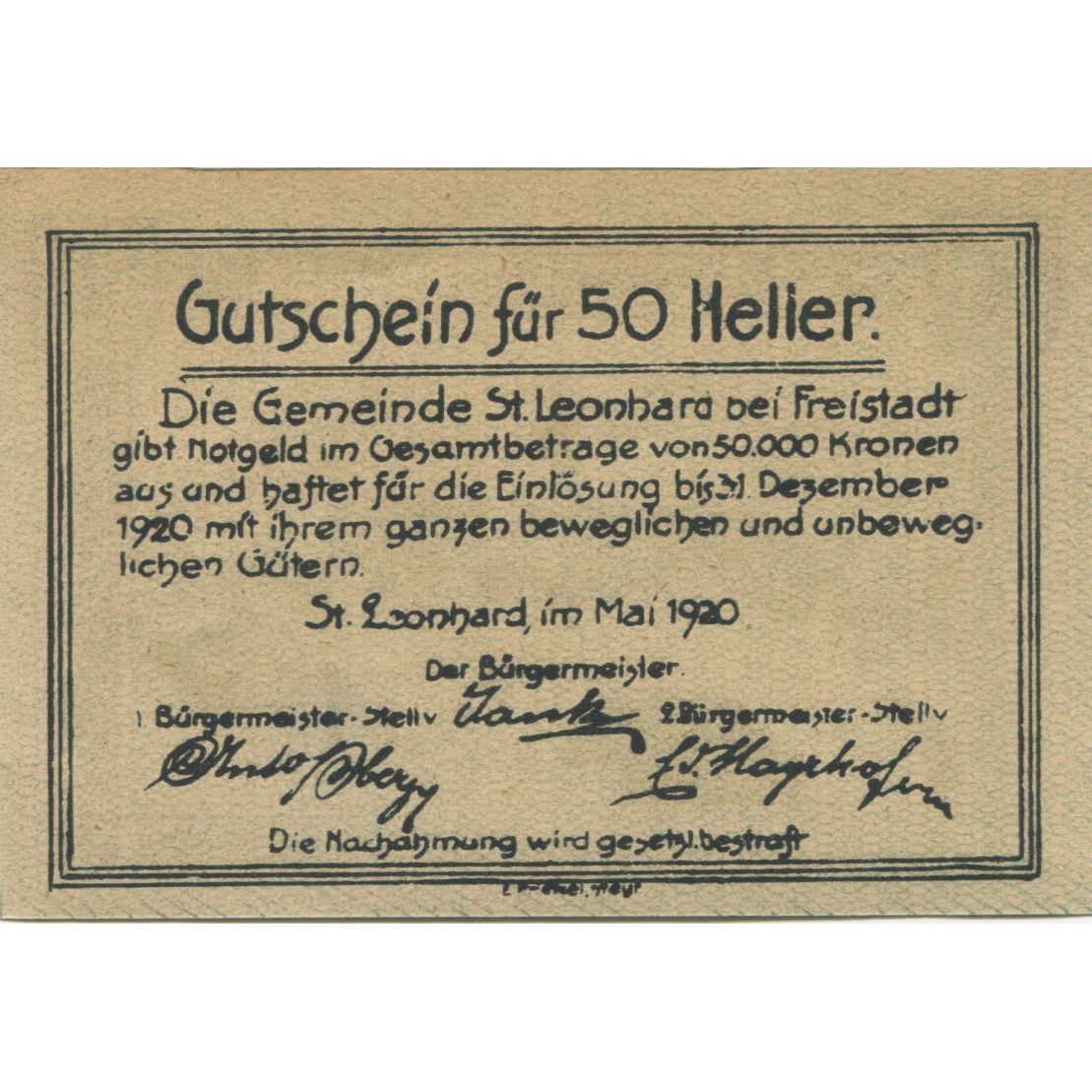 Banknot, Austria, St Leonhard, 50 Heller, Eglise, 1920, UNC(63) Mehl:FS 903a