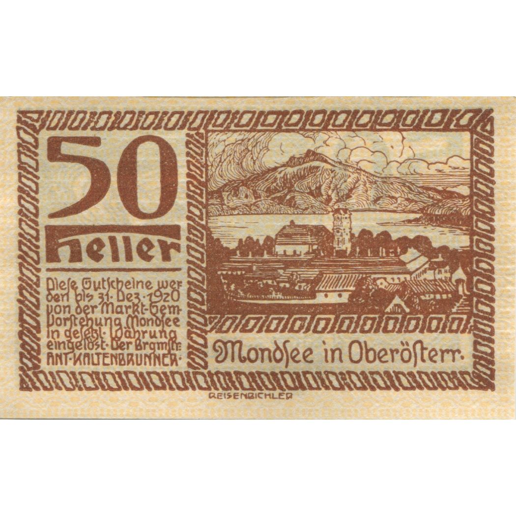 Banknot, Austria, Mondsee, 50 Heller, Blason 1920-12-31, UNC(63) Mehl:FS 626c1
