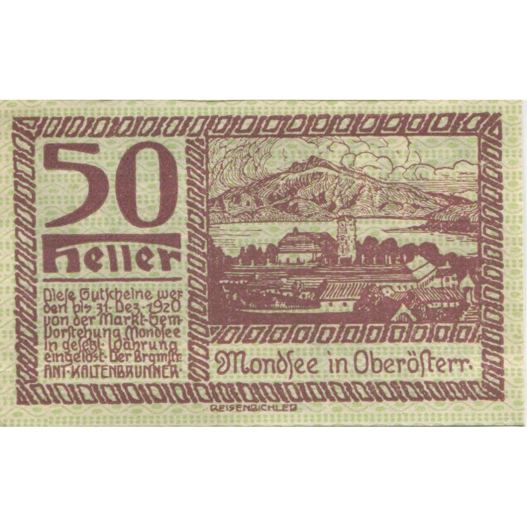 Banknot, Austria, Mondsee, 50 Heller, paysage 1920-12-31, UNC(63) Mehl:FS 621c1