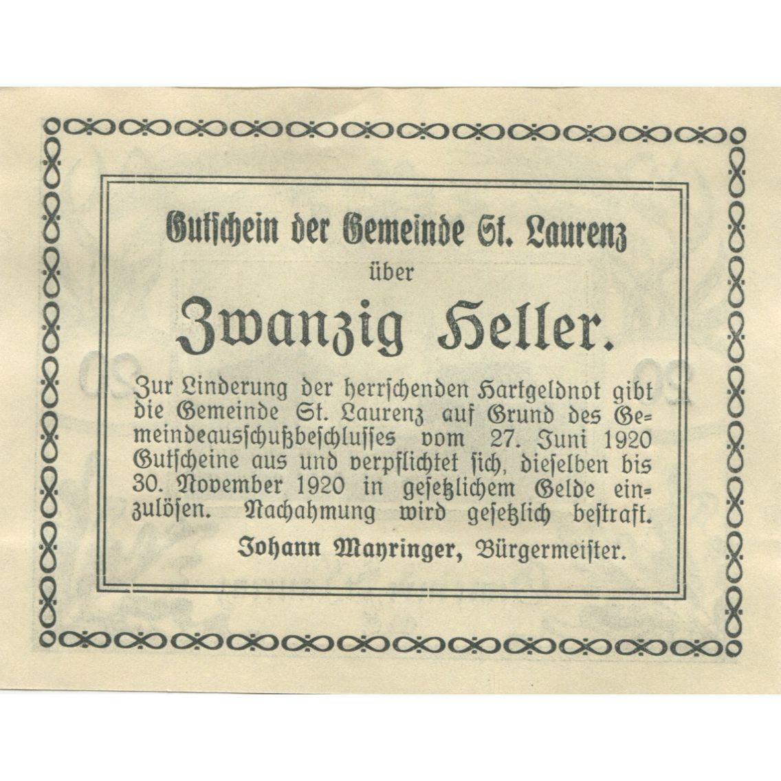 Banknote, Austria, St Laurenz, 20 Heller, Eglise, 1920 UNC(63) Mehl:FS 900b1