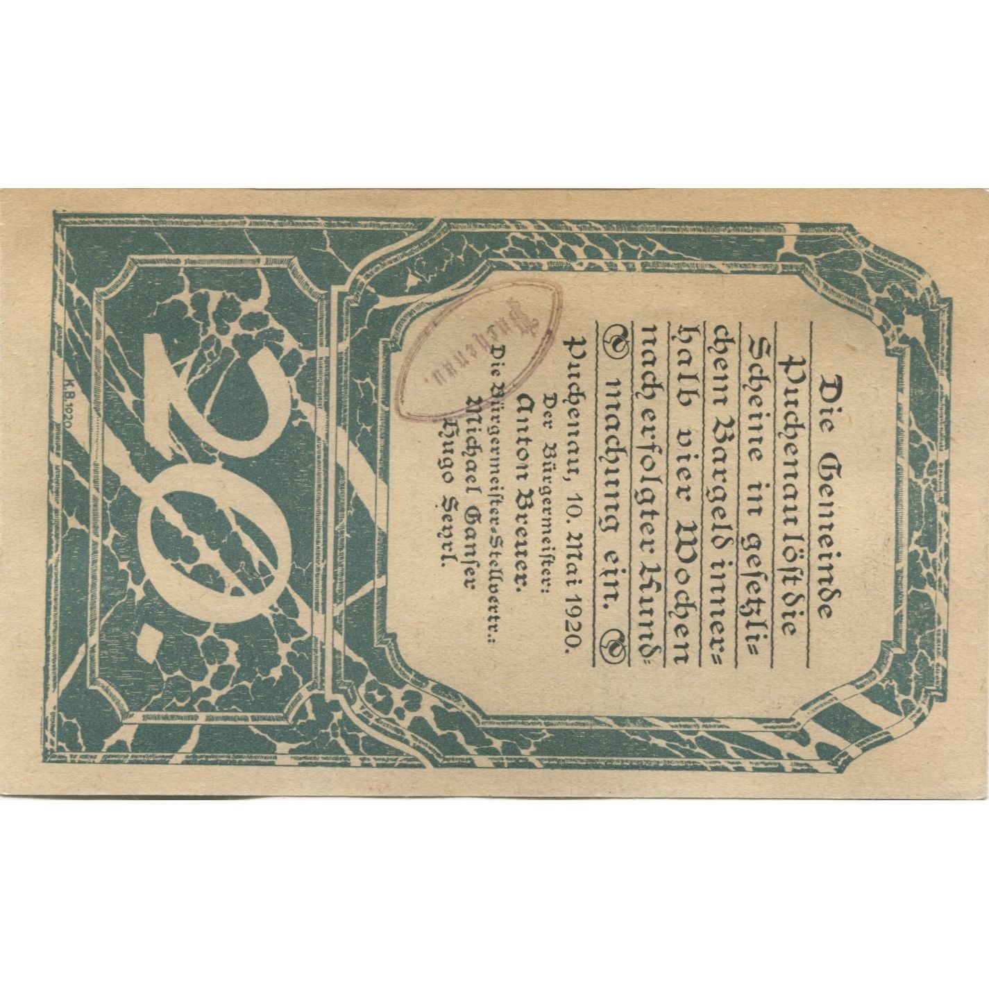 Billet, Autriche, Puchenau, 20 Heller, Eglise 1920-05-10, SPL, Mehl:FS 788