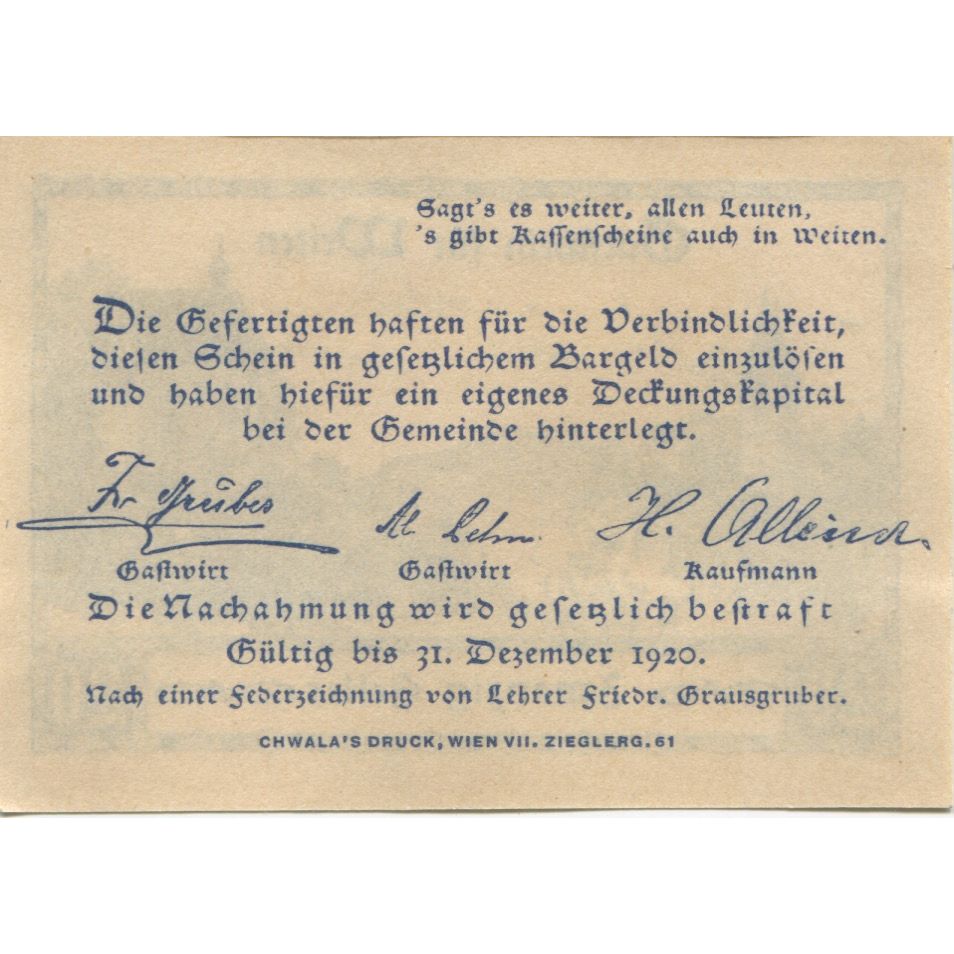 Billet, Autriche, Weiten, 20 Heller, Eglise 1920-12-31, SPL, Mehl:FS 1162b