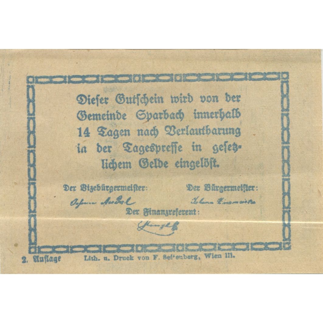 Billet, Autriche, Sparbach, 10 Heller, village, 1920, SPL, Mehl:FS 1006e
