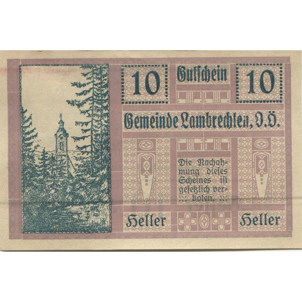 Banknote, Austria, Lambrechten, 10 Heller, Eglise, 1920 UNC(63) Mehl:FS 497b