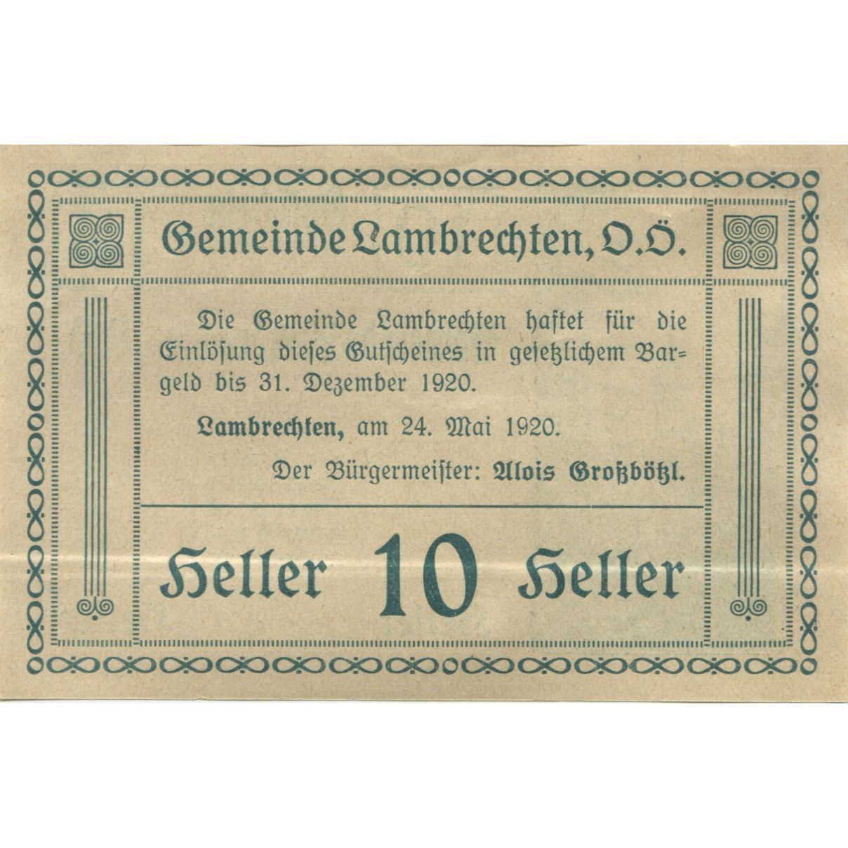 Banknote, Austria, Lambrechten, 10 Heller, Eglise, 1920 UNC(63) Mehl:FS 497b