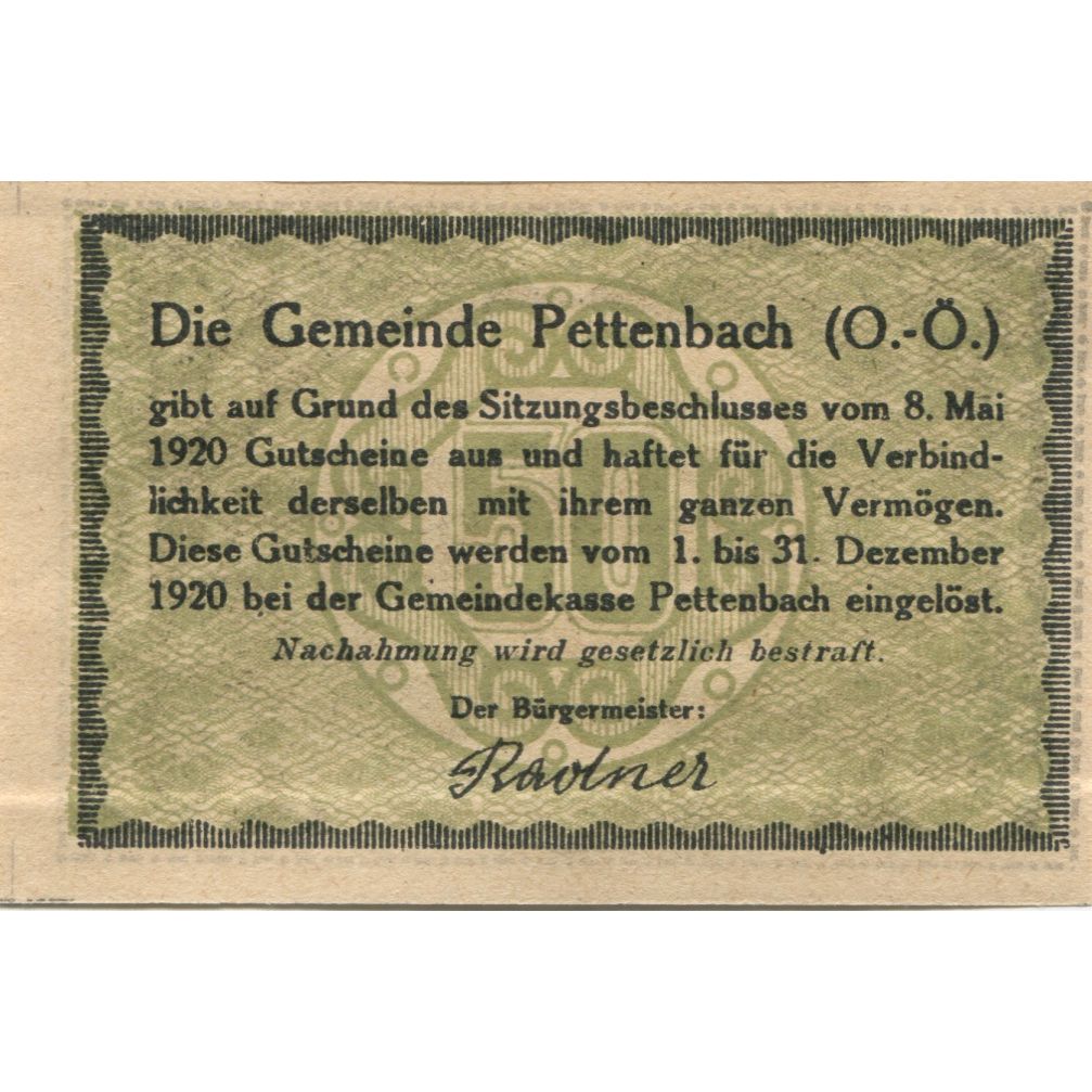 Banknote, Austria, Pettenbach, 50 Heller, paysage, 1920 UNC(63) Mehl:FS 738