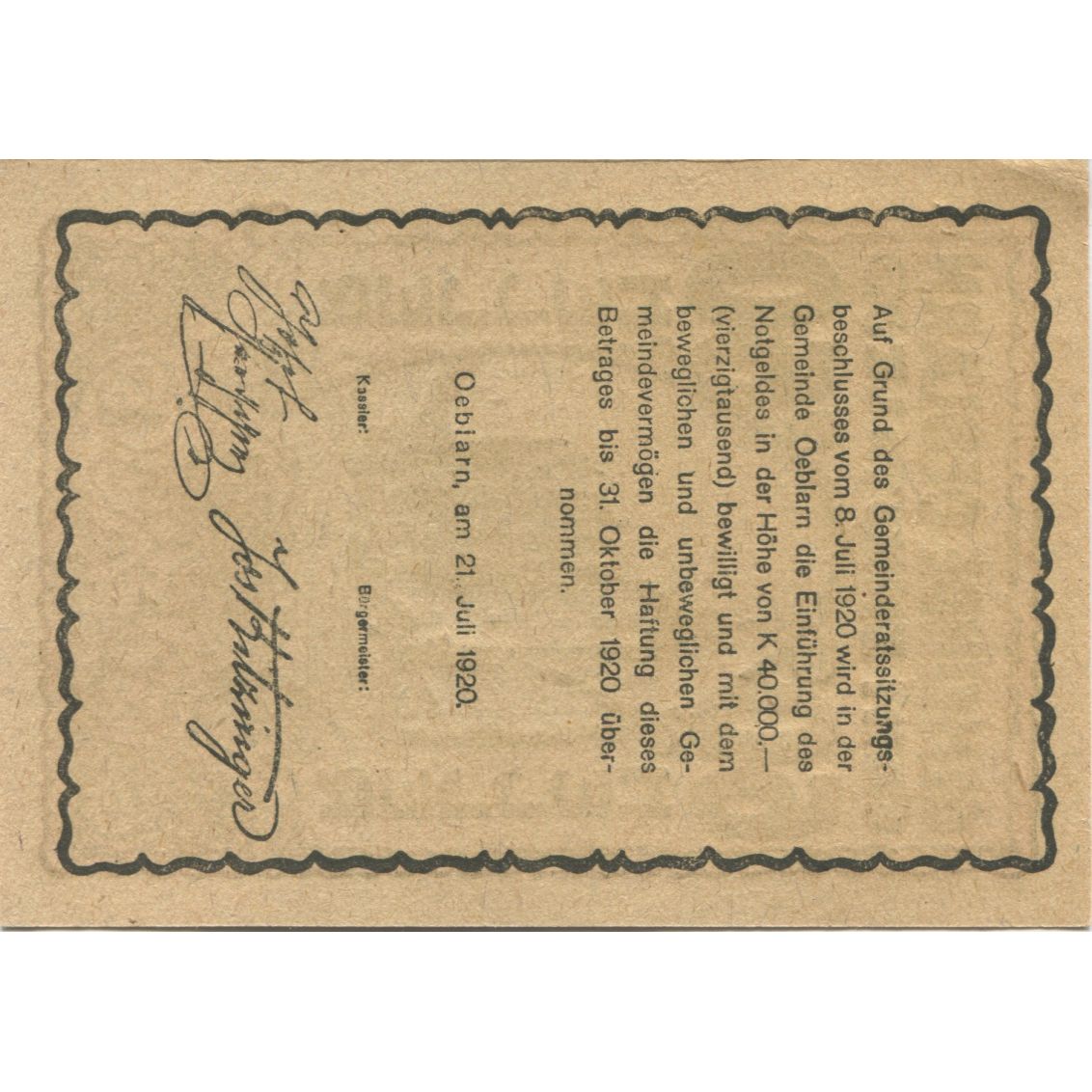 Banknot, Austria, Oeblarn, 60 Heller, Eglise 1920-10-31, UNC(63) Mehl:FS 700Ic