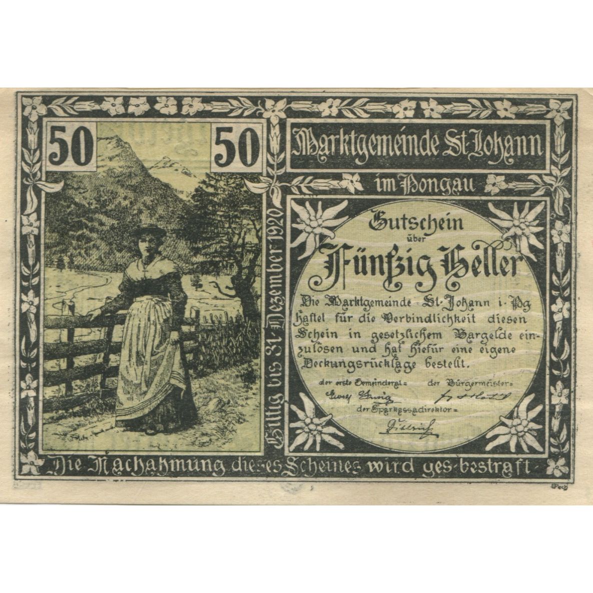 Banknot, Austria, St Johann, 50 Heller, personnage 1920 UNC(63) Mehl:FS 895a