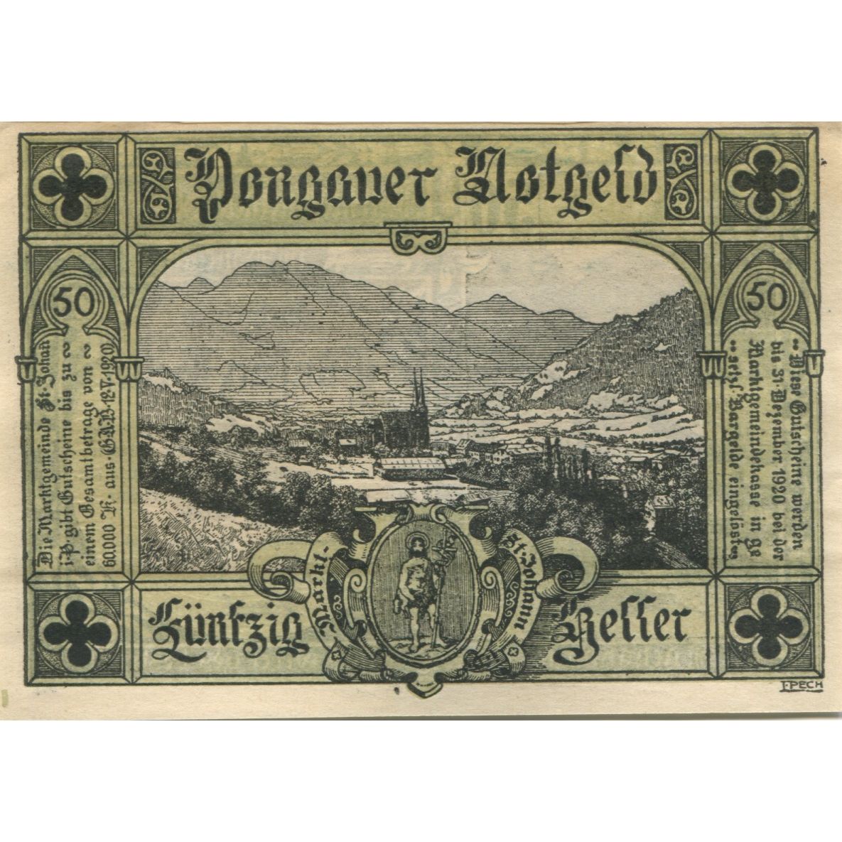 Banknot, Austria, St Johann, 50 Heller, personnage 1920 UNC(63) Mehl:FS 895a