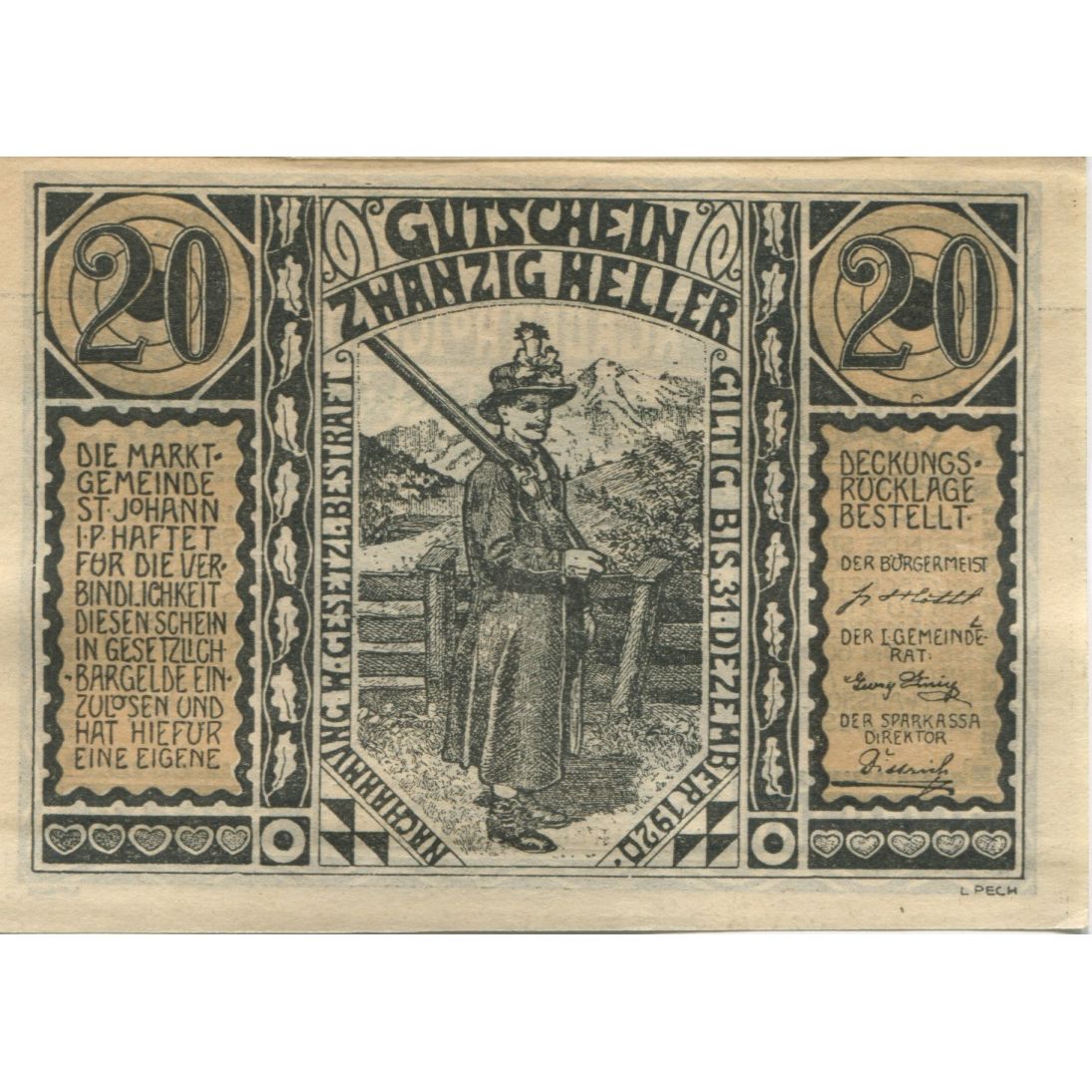 Banknot, Austria, St Johann, 20 Heller, personnage 1920 UNC(63) Mehl:FS 895a