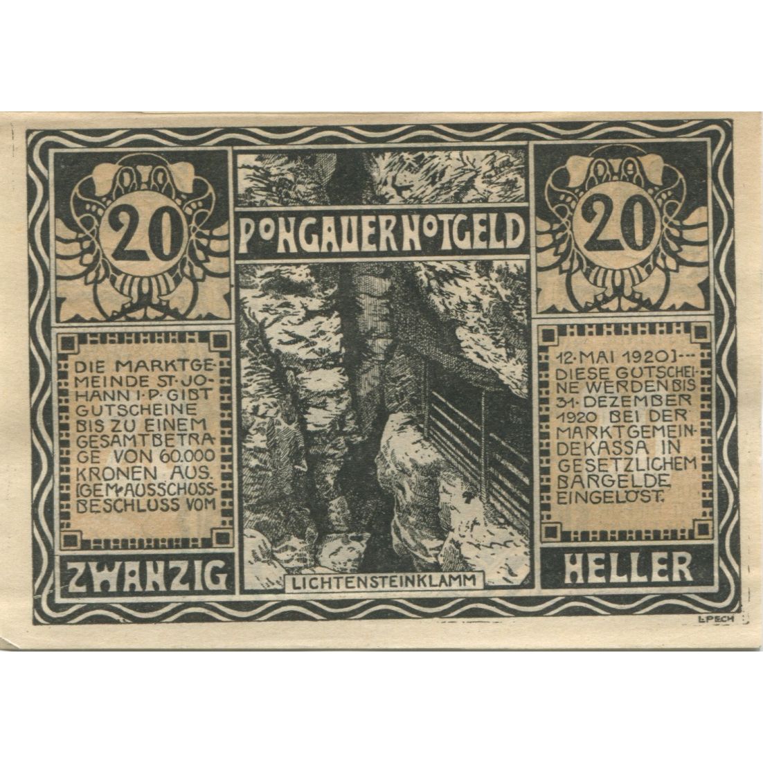 Banknot, Austria, St Johann, 20 Heller, personnage 1920 UNC(63) Mehl:FS 895a
