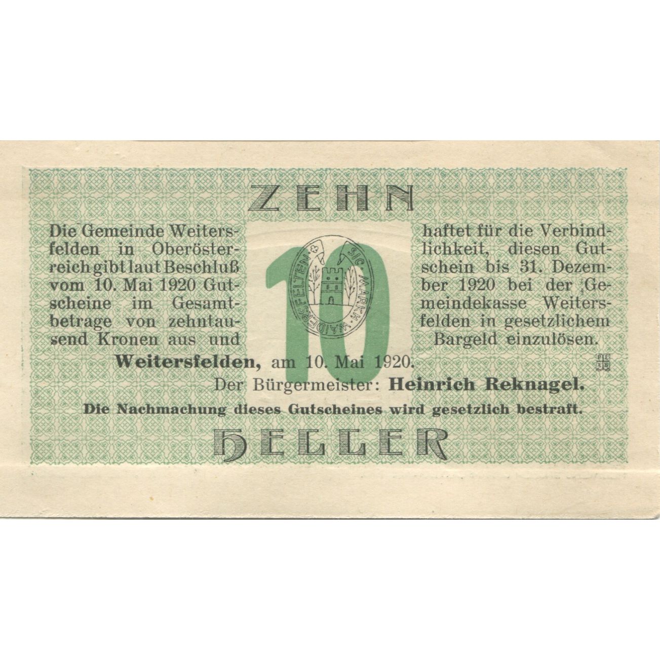 Billet, Autriche, Weitersfelden, 10 Heller, village 1920-12-31 SPL Mehl:FS 1164a