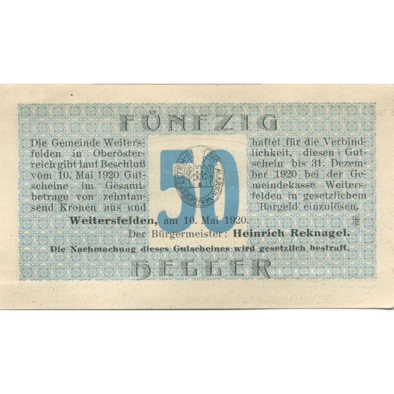 Billet, Autriche, Weitersfelden, 50 Heller, paysage, 1920 SPL Mehl:FS 1164a